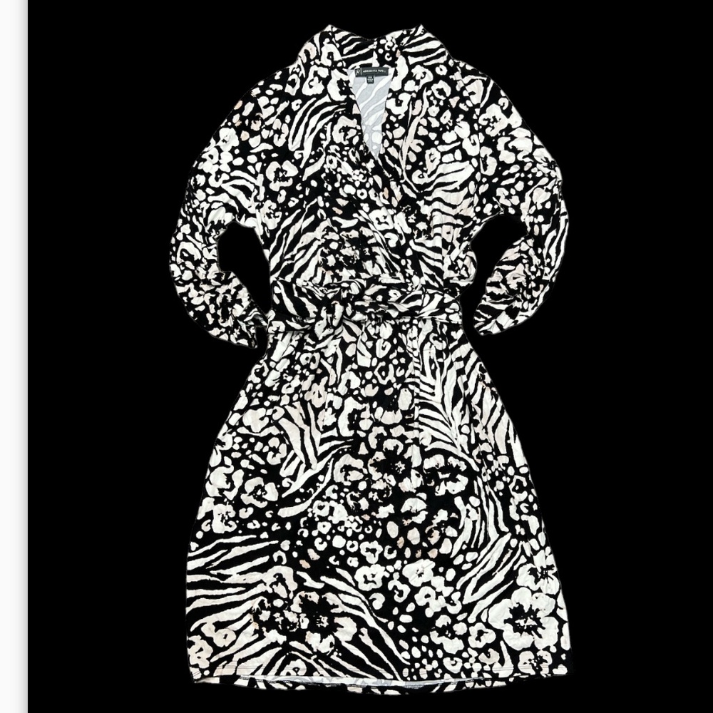 Adrianna Papell Double Wrap Dress - Black/Ivory Silk Jersey Animal/Abstract Prin